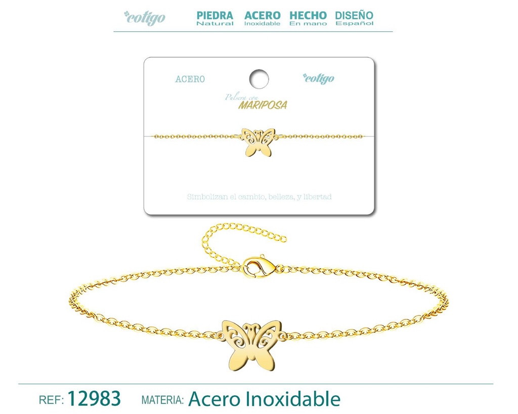 Pulsera de Acero Dorado con Mariposa - Joyería de acero y accesorios