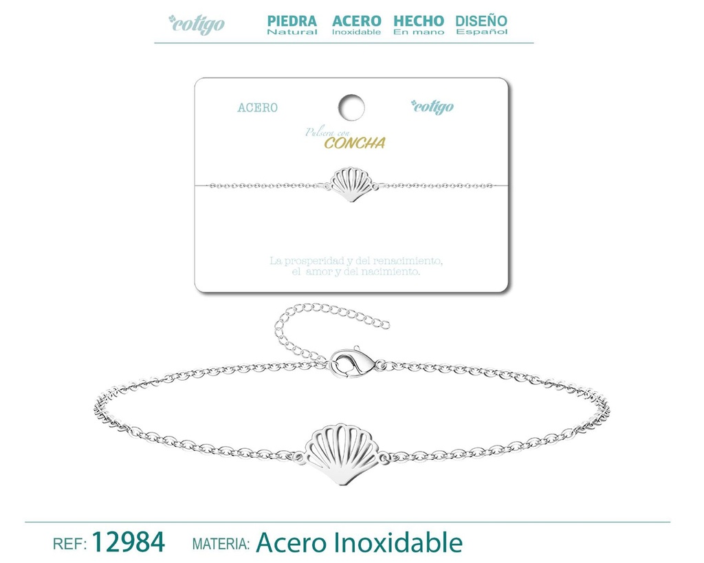 Pulsera de Acero Plateado con Concha - Joyería de acero y accesorios