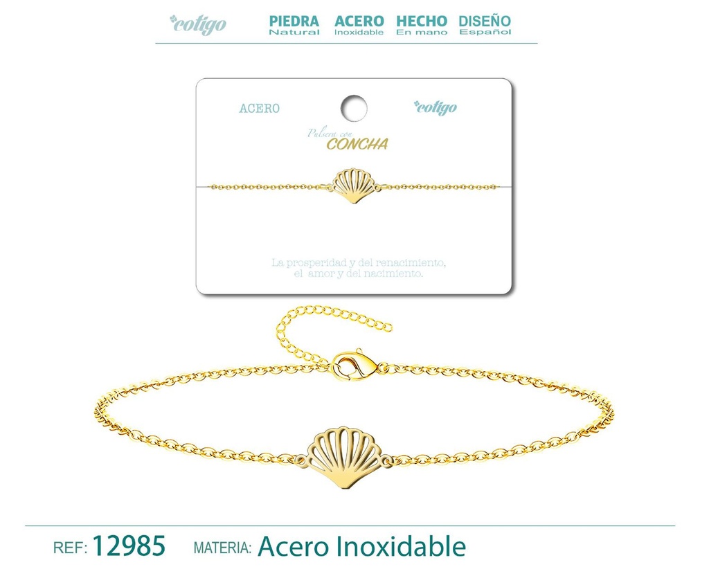 Pulsera de Acero Dorado con Concha - Joyería de acero y accesorios