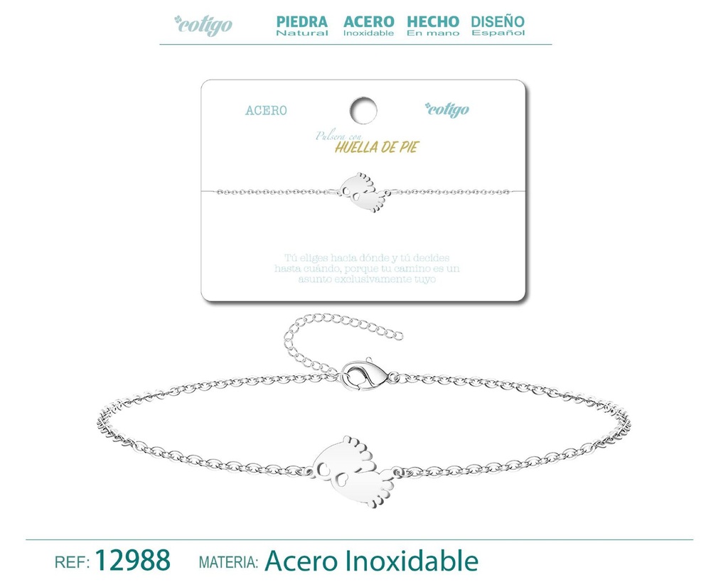 Pulsera de Acero Plateado con Huella de Pie - Joyería de acero y accesorios