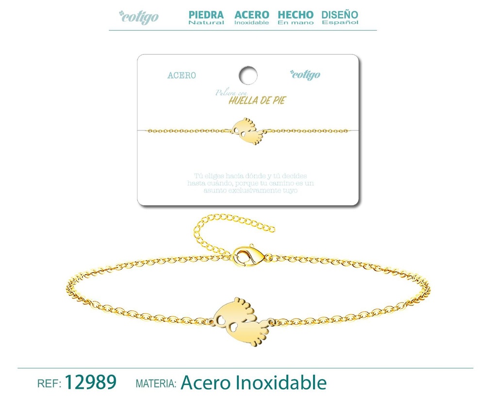 Pulsera de Acero Dorado con Huella de Pie - Joyería de acero y accesorios