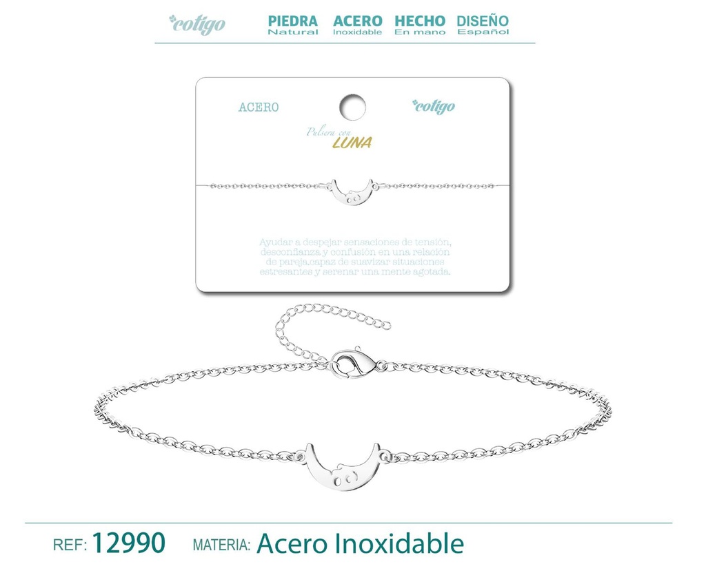 Pulsera de Acero Plateado con Luna - Joyería de acero y accesorios