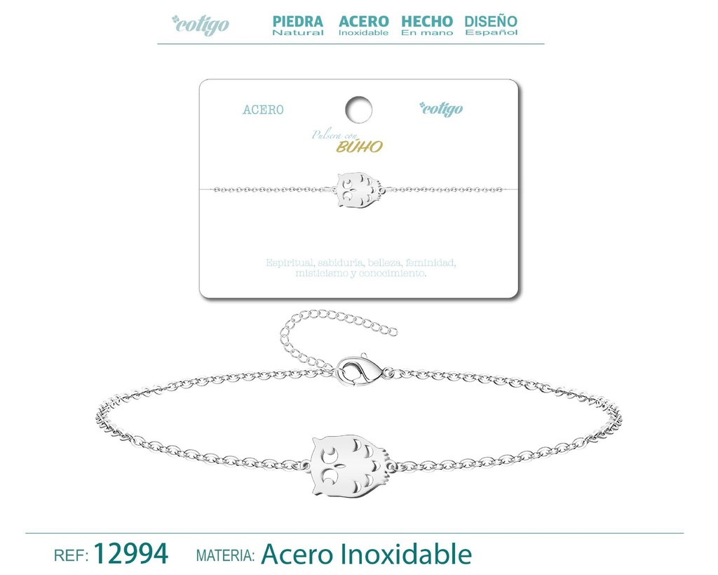 Pulsera Búho de Acero Plateado - Accesorios de joyería y pulseras