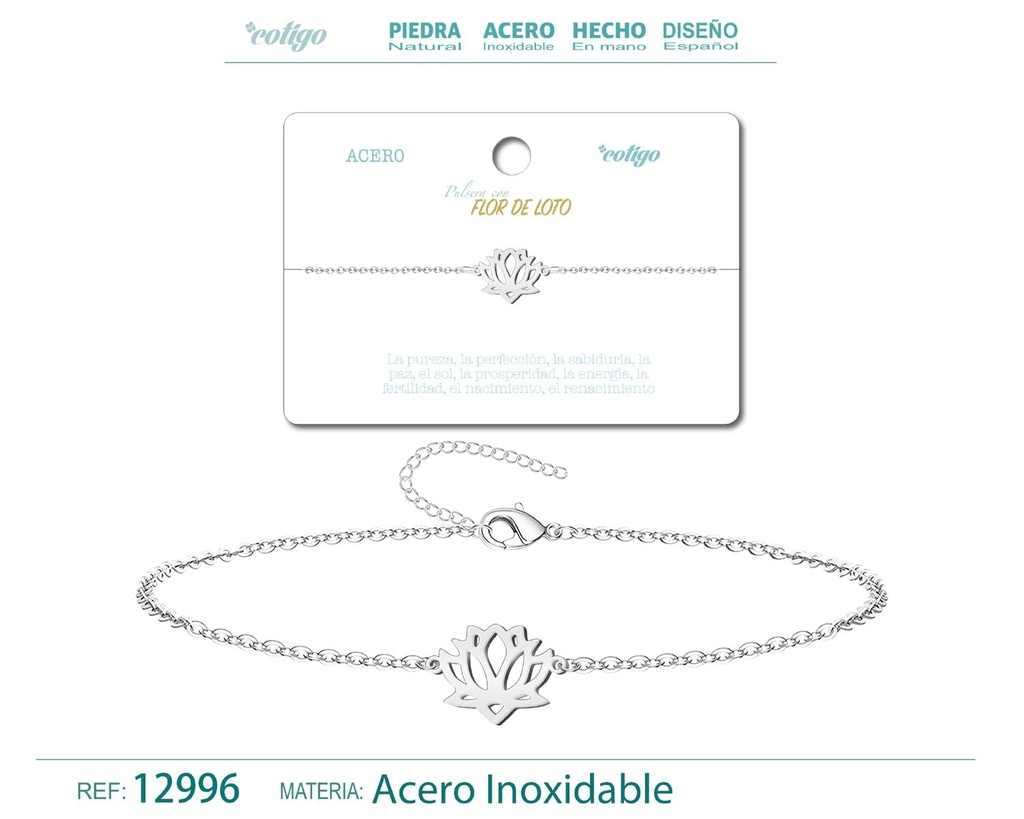 Pulsera de Acero Plateado con Flor de Loto - Joyería de acero y accesorios