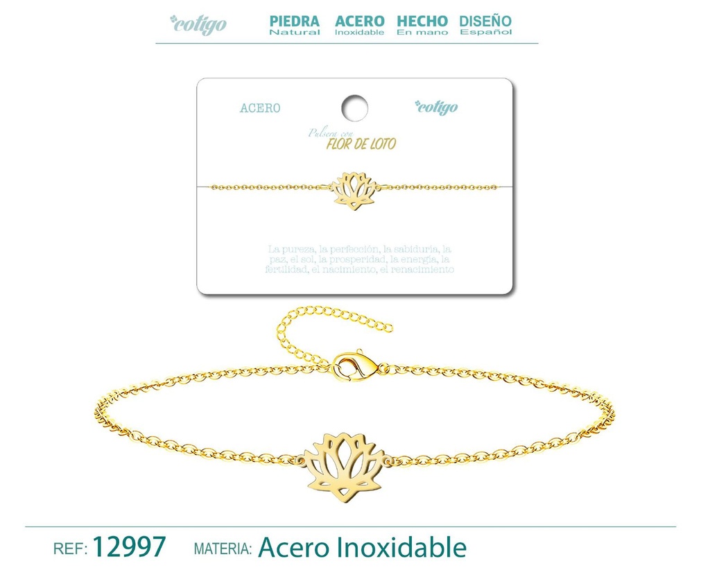 Pulsera de Acero Dorado con Flor de Loto - Joyería de acero y accesorios