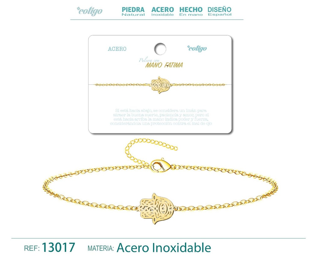 Pulsera de Acero Dorado con Mano de Fátima - Joyería de acero y accesorios