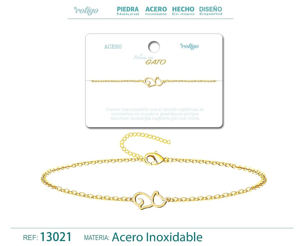 Pulsera Gato de Acero Dorado - Accesorios de joyería y pulseras