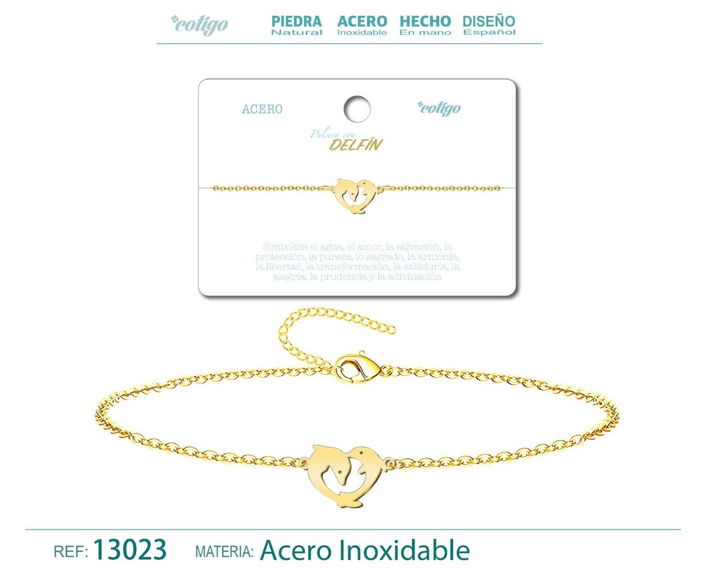 Pulsera de Acero Dorado con Delfín - Joyería de acero y accesorios