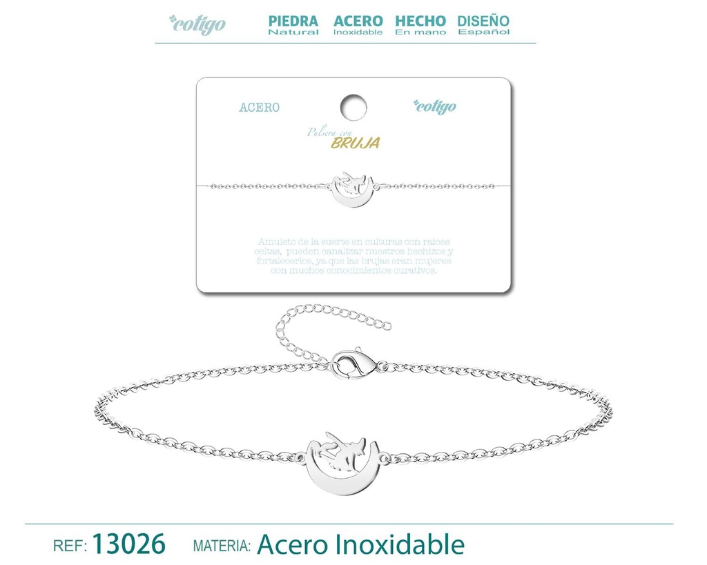 Pulsera de Acero Plateado con Bruja - Joyería de acero y accesorios