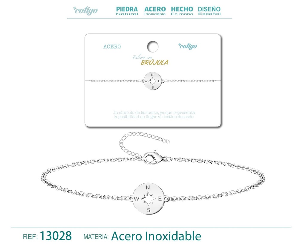 Pulsera de Acero Plateado con Brújula - Joyería de acero y accesorios