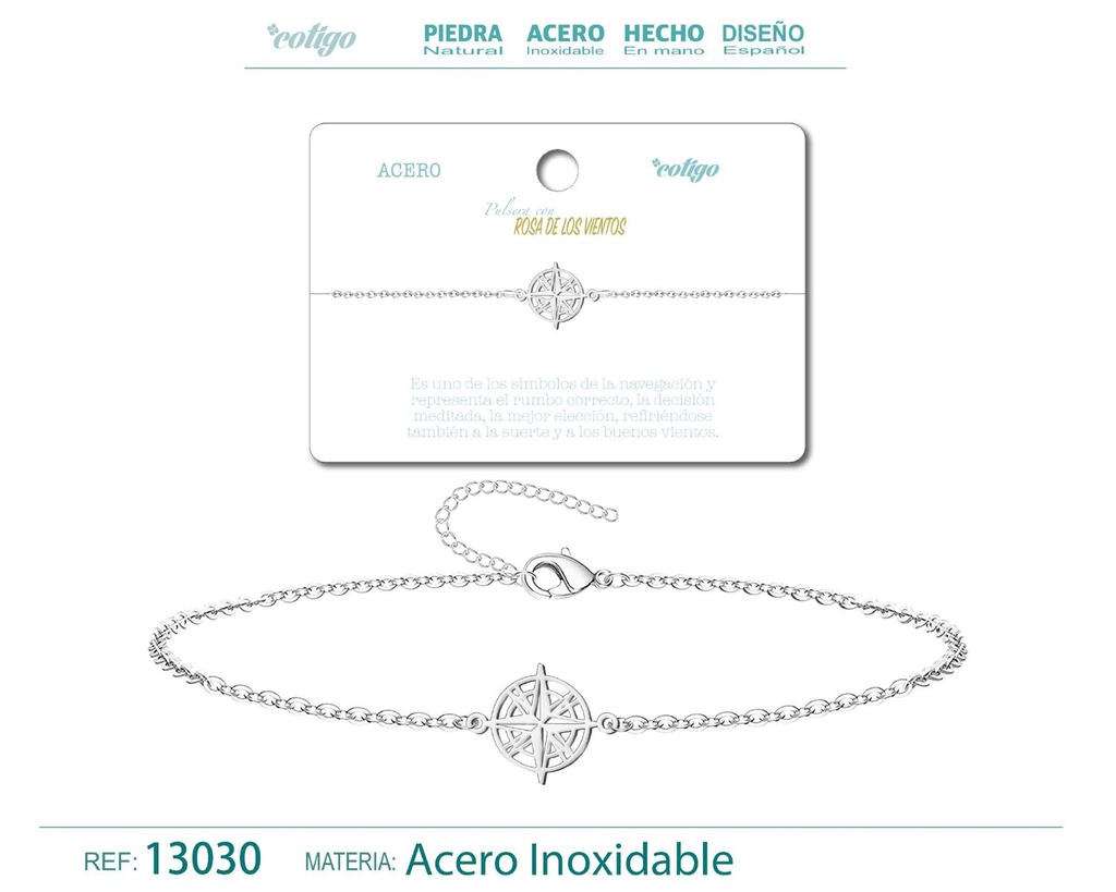 Pulsera de Acero Plateado con Rosa de los Vientos - Joyería de acero y accesorios