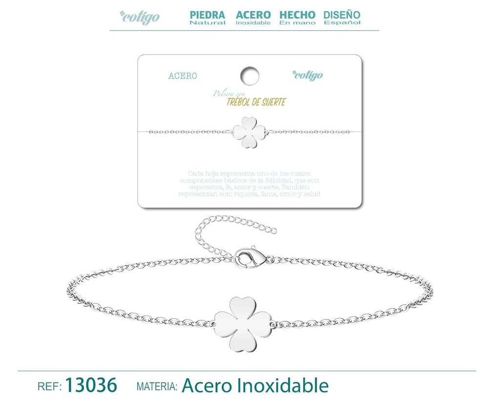 Pulsera Trébol de Suerte en Acero Plateado - Joyería de Moda