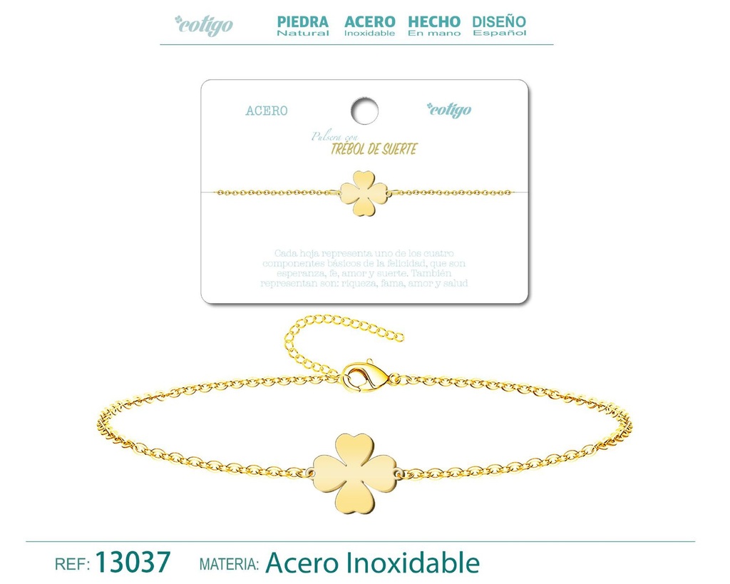 Pulsera Trébol de Suerte en Acero Dorado - Joyería de Moda