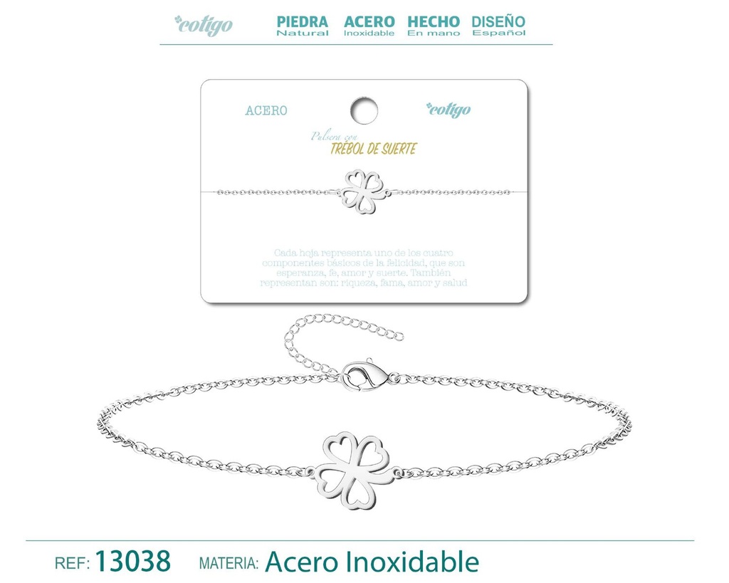 Pulsera Trébol de Suerte en Acero Plateado - Joyería de Moda