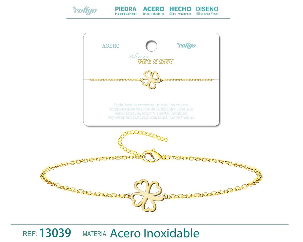 Pulsera Trébol de Suerte en Acero Dorado - Joyería de Moda