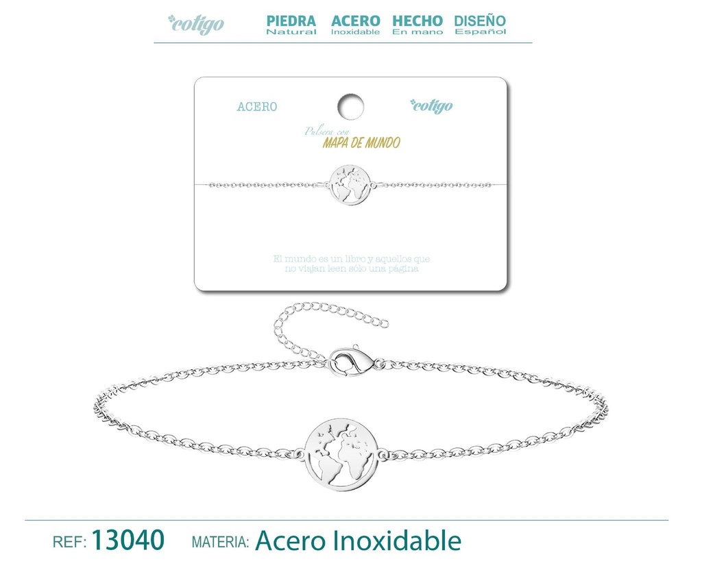 Pulsera Mapa del Mundo de Acero Plateado - Accesorios de joyería y pulseras