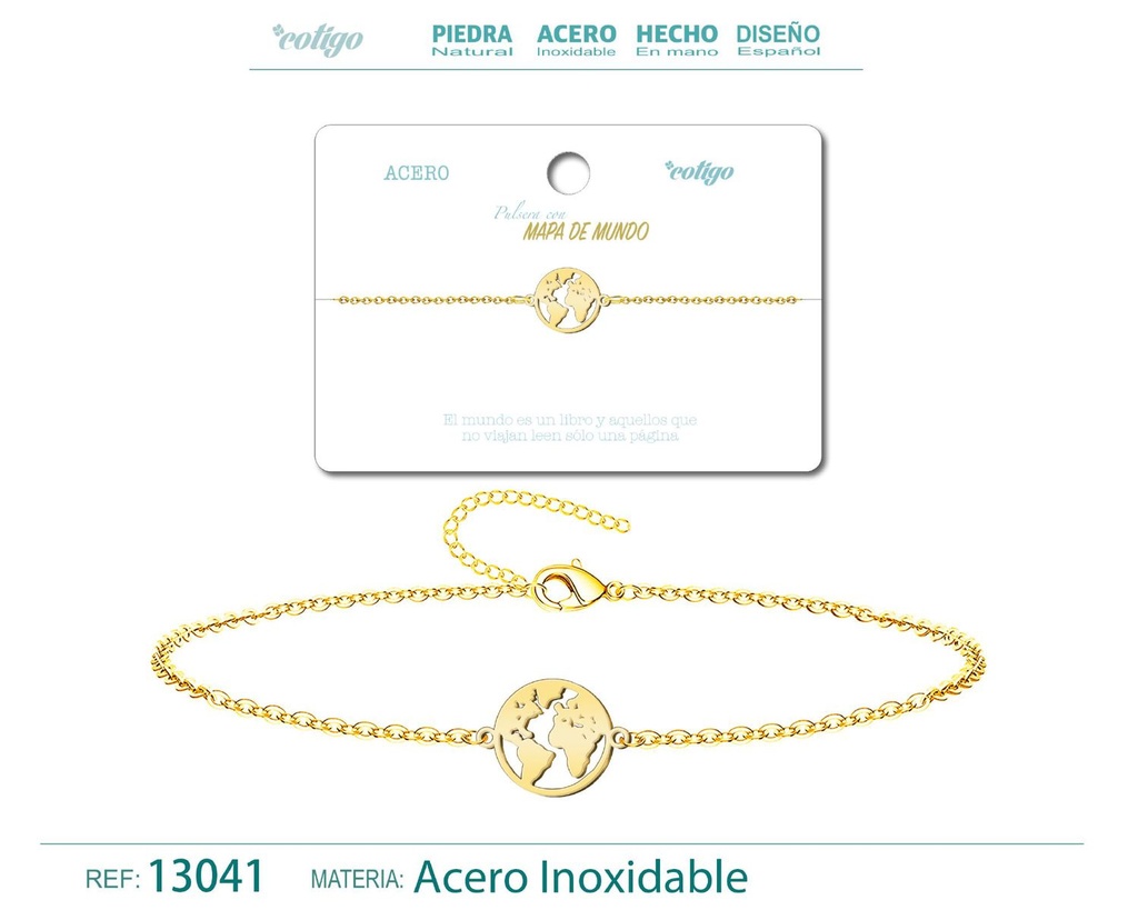 Pulsera Mapa de Mundo en Acero Dorado - Joyería de Moda