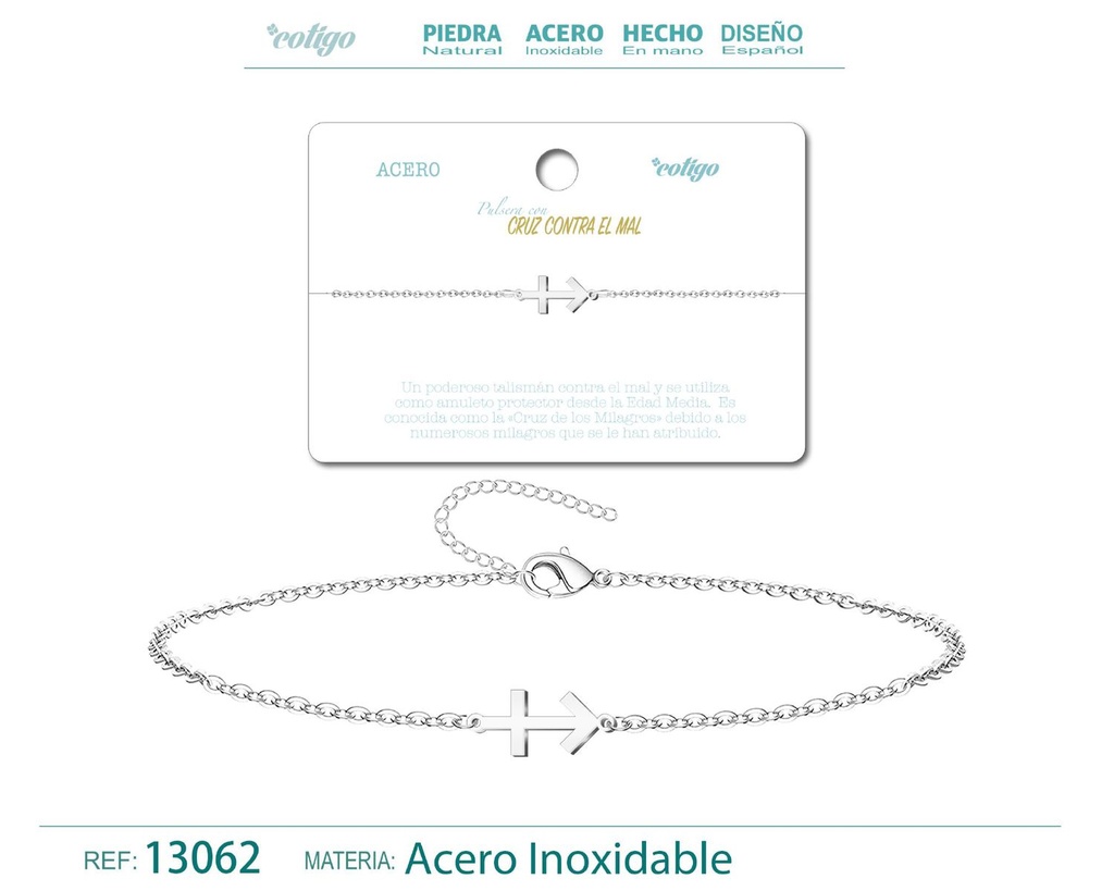 Pulsera Cruz Contra el Mal en Acero Plateado - Joyería de Moda