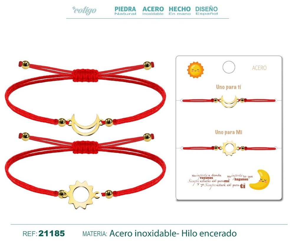 Pulsera Luna-Sol Dorada con Hilo Rojo - Pulsera de Amistad