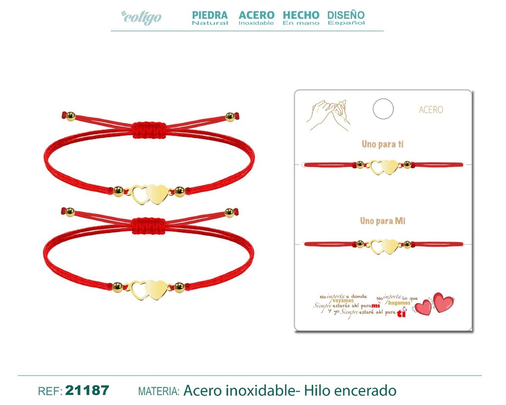 Pulsera 2 Corazones Dorados con Hilo Rojo - Pulsera de Amistad