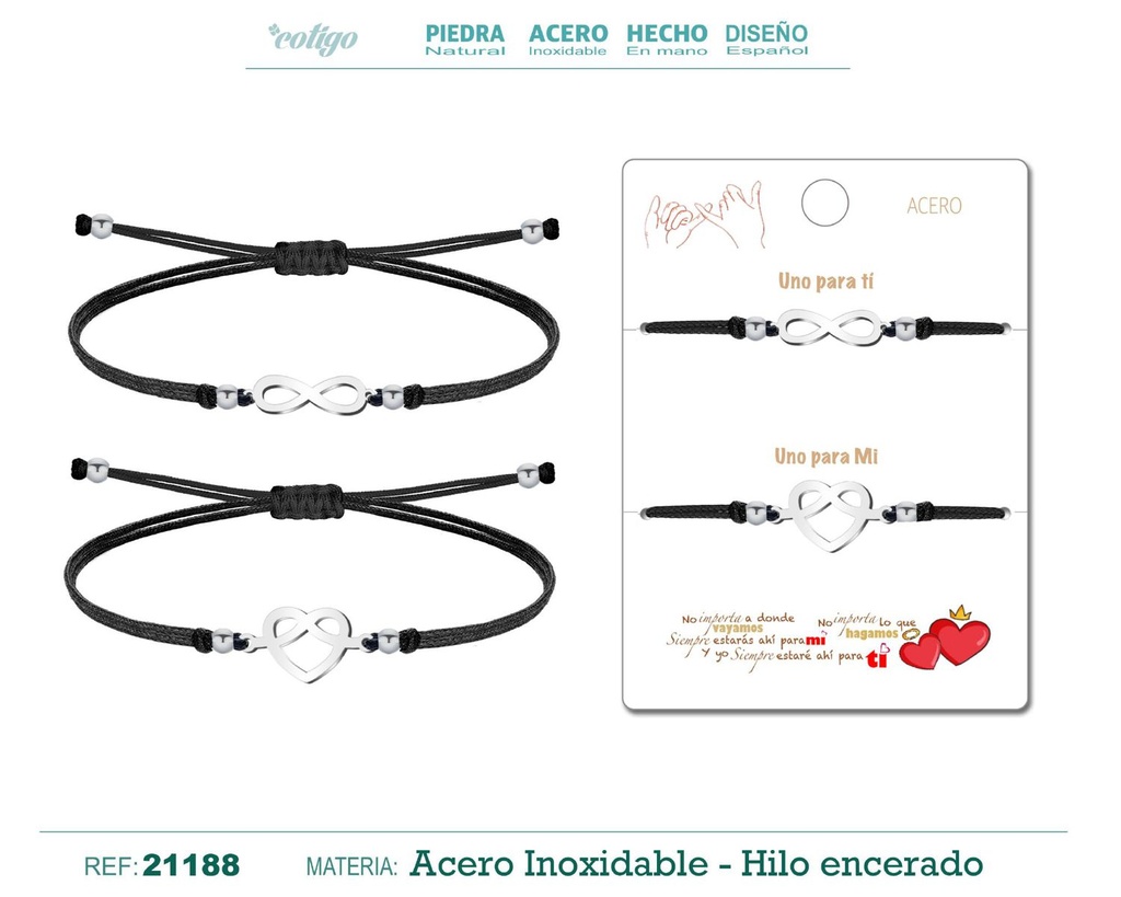 Pulsera Corazón-Infinito Plateada con Hilo Negro - Pulsera de Amistad