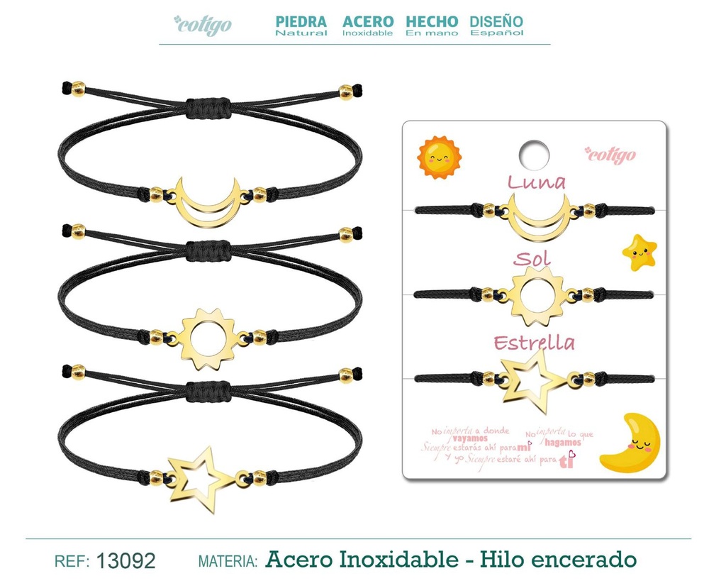 Pulsera Amistad Estrella-Luna-Sol Dorada con Hilo Negro - Pulsera de Amistad