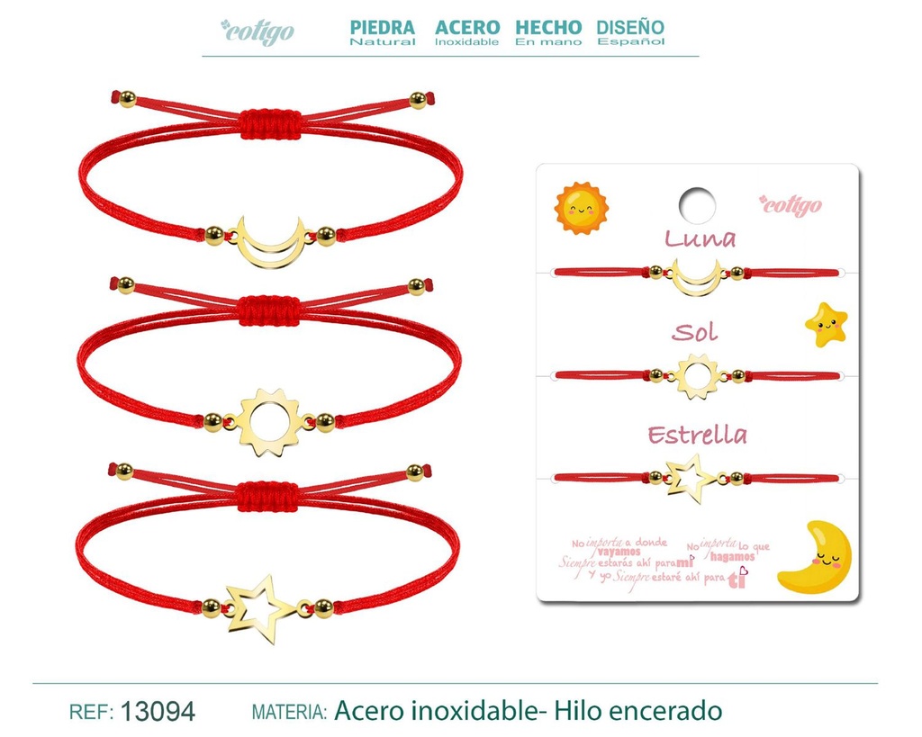 Pulsera Amistad Estrella-Luna-Sol Dorada con Hilo Rojo - Pulsera de Amistad