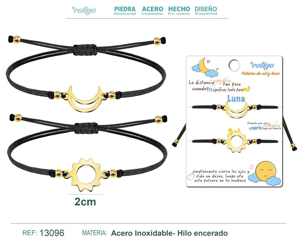 Pulsera Amistad Luna-Sol Dorada con Hilo Negro - Pulsera de Amistad