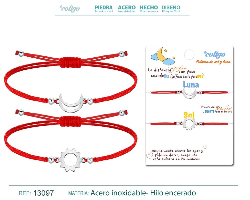 Pulsera Amistad Luna-Sol Plateada con Hilo Rojo - Pulsera de Amistad