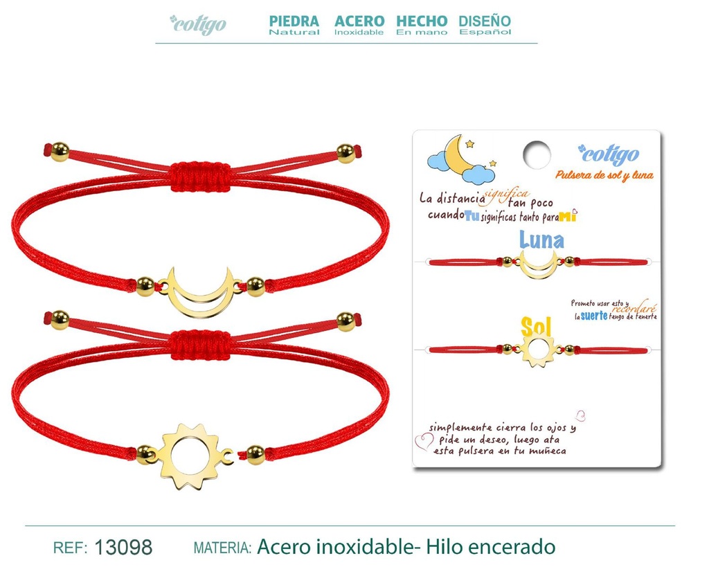 Pulsera Amistad Luna-Sol Dorada con Hilo Rojo - Pulsera de Amistad