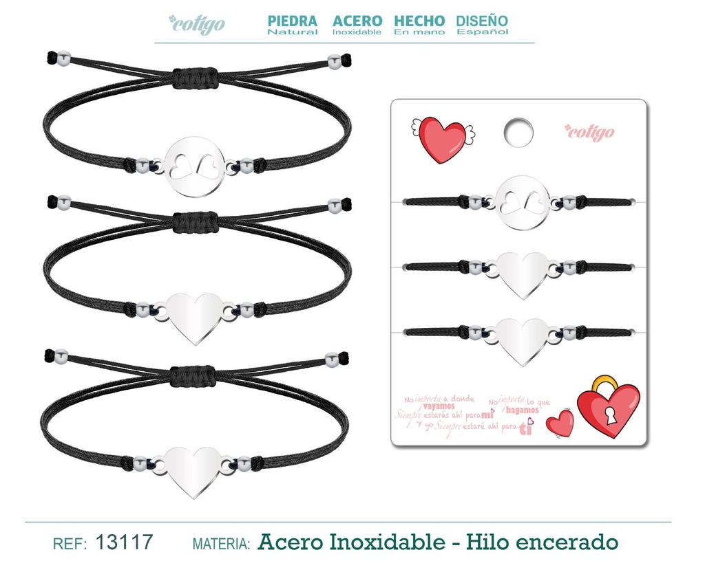 Pulsera Amistad Redondo + 2 Corazones Plateados con Hilo Negro - Pulsera de Amistad