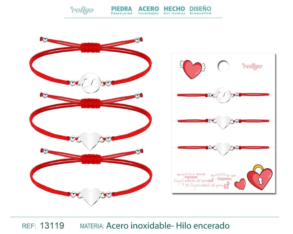 Pulsera Amistad Redondo + 2 Corazones Plateados con Hilo Rojo - Pulsera de Amistad