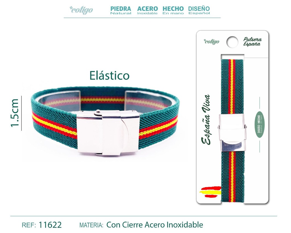 Pulsera España Elástica Verde con Cierre en Acero - Pulsera de Bandera