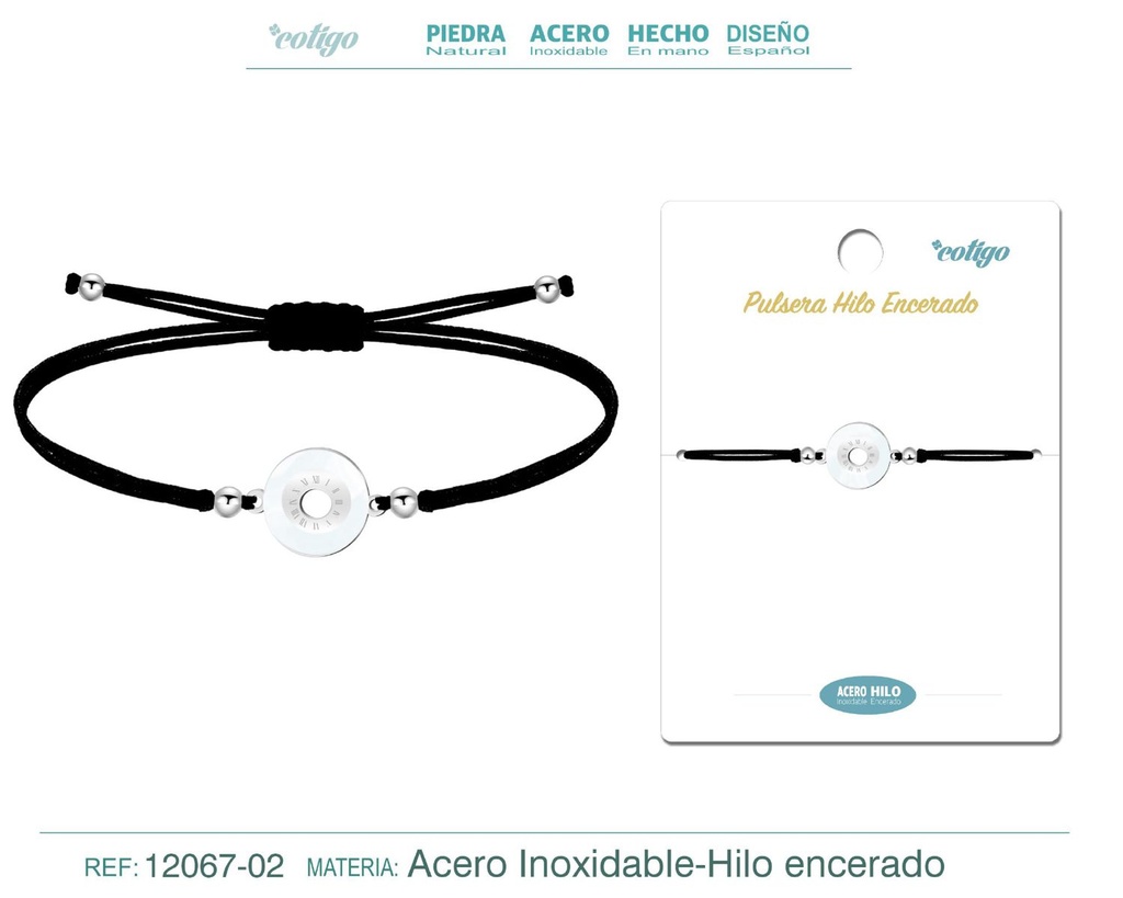 Pulsera Hilo Encerado Negra con Accesorio de Acero y Stras - Pulsera Hilo Encerado