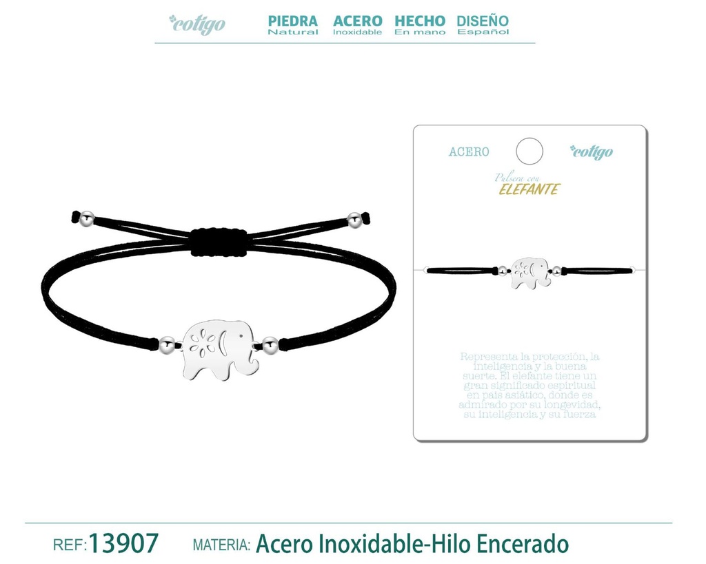 Pulsera Elefante Plateado de Hilo Encerado Negro - Pulsera Hilo Encerado