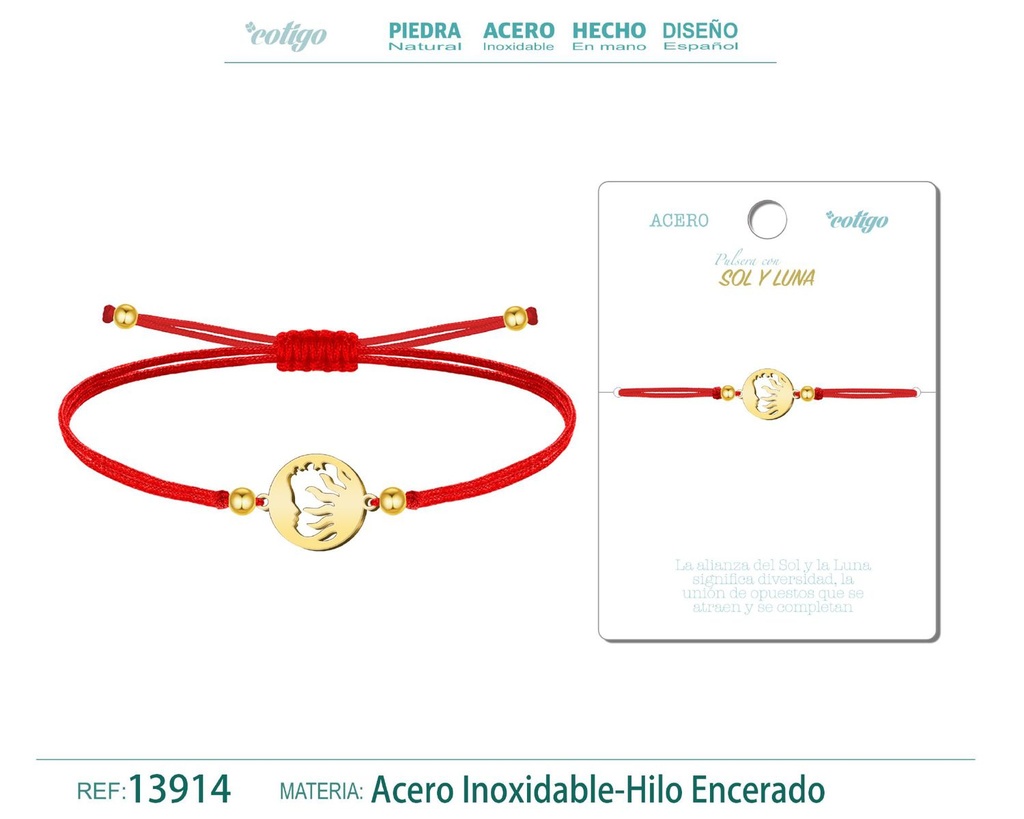 Pulsera Sol y Luna Dorado de Hilo Encerado Rojo - Pulsera Hilo Encerado