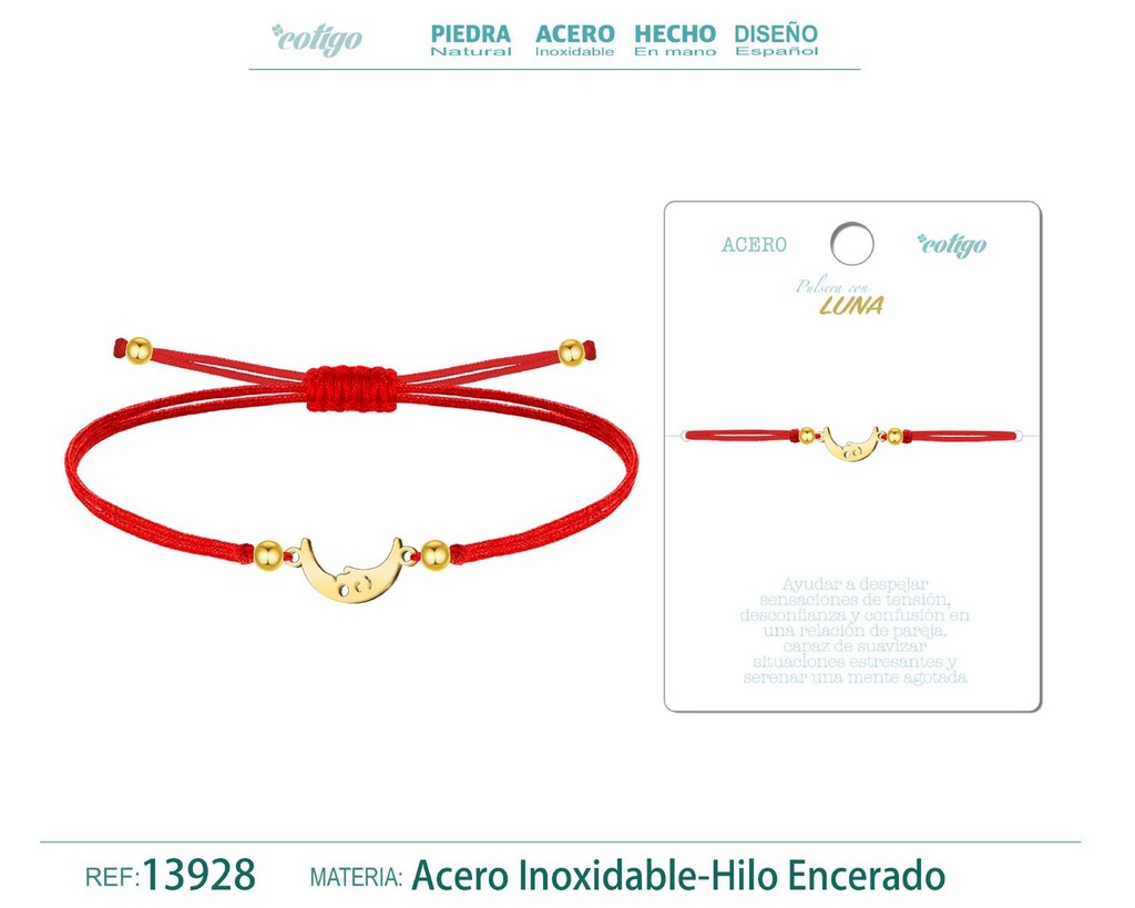 Pulsera Luna Dorado de Hilo Encerado Rojo - Pulsera Hilo Encerado