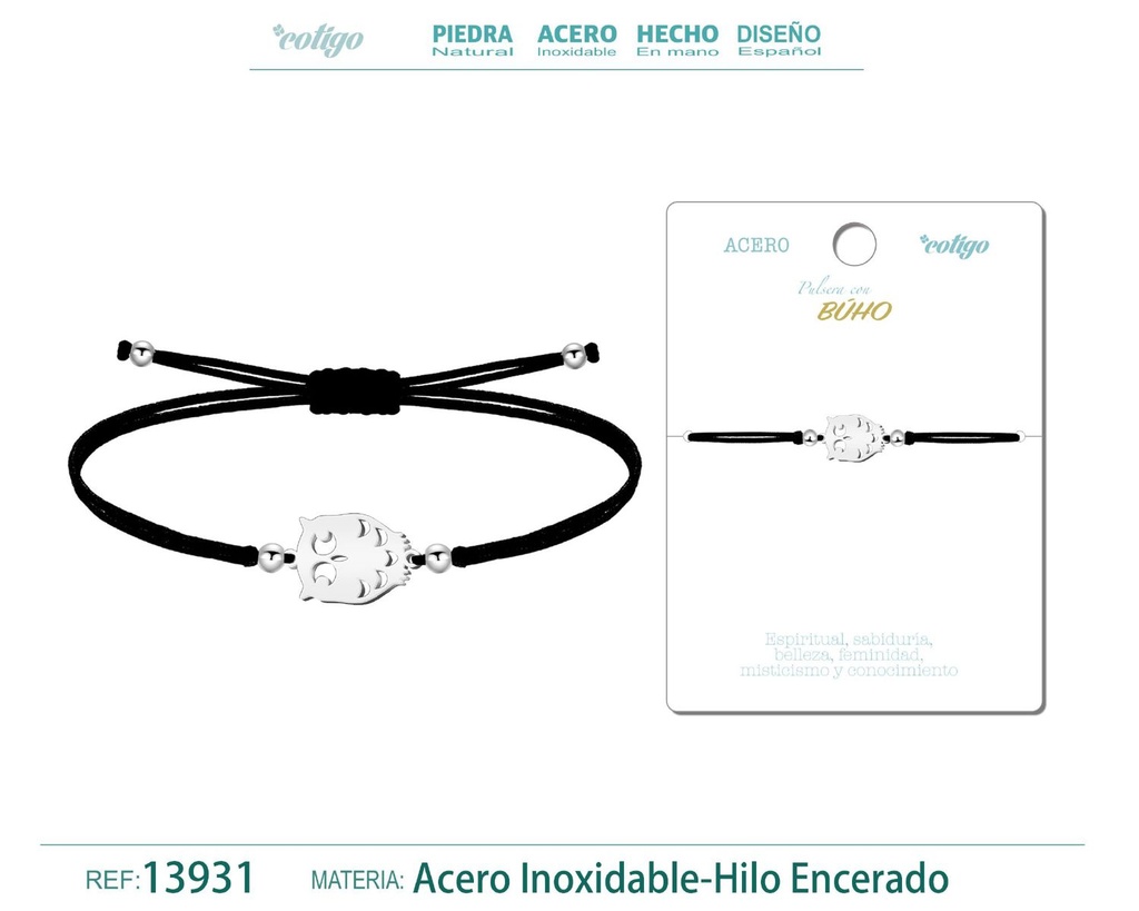 Pulsera Búho Plateado de Hilo Encerado Negro - Pulsera Hilo Encerado