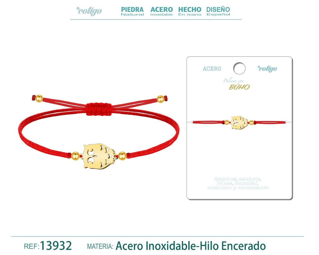 Pulsera Búho Dorado de Hilo Encerado Rojo - Pulsera Hilo Encerado