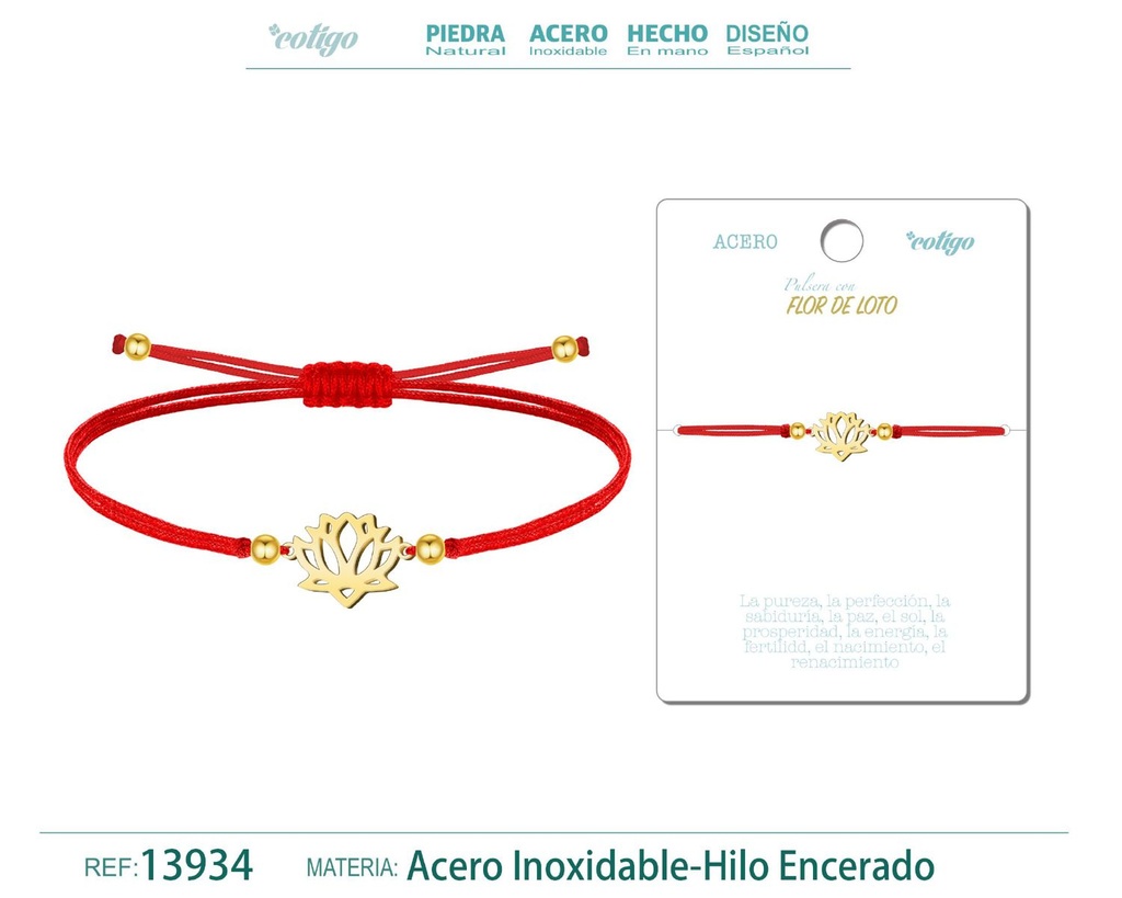 Pulsera Flor de Loto Dorado de Hilo Encerado Rojo - Pulsera Hilo Encerado