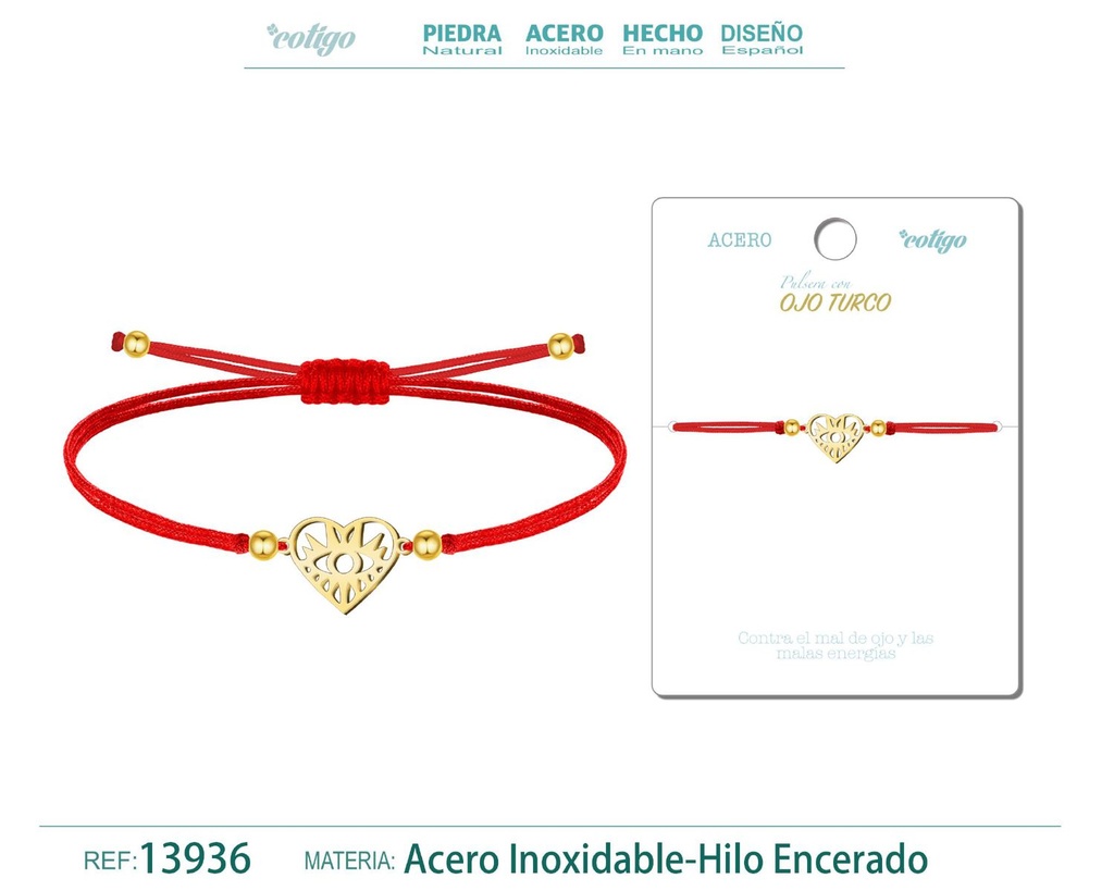 Pulsera Ojo Turco Dorado de Hilo Encerado Rojo - Pulsera Hilo Encerado