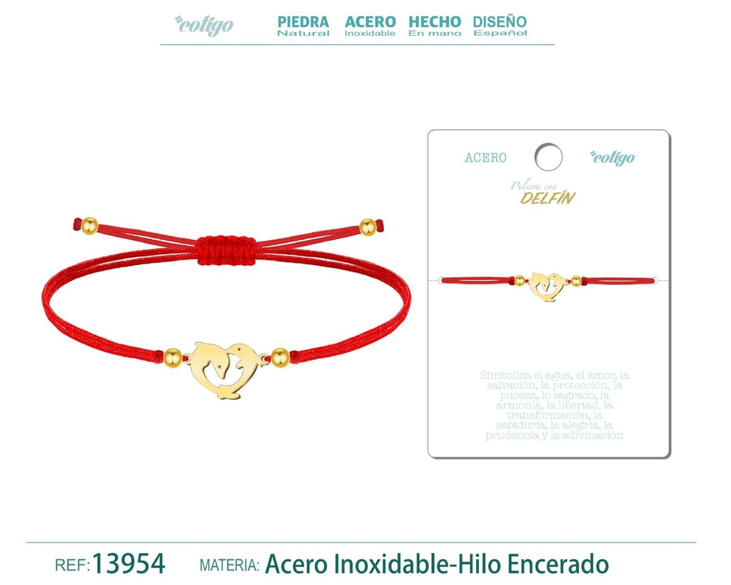 Pulsera Delfín Dorado de Hilo Encerado Rojo - Pulsera Hilo Encerado