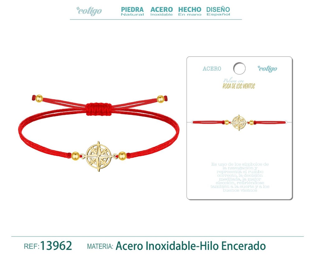 Pulsera Rosa de los Vientos Dorada de Hilo Encerado Rojo - Pulsera Hilo Encerado