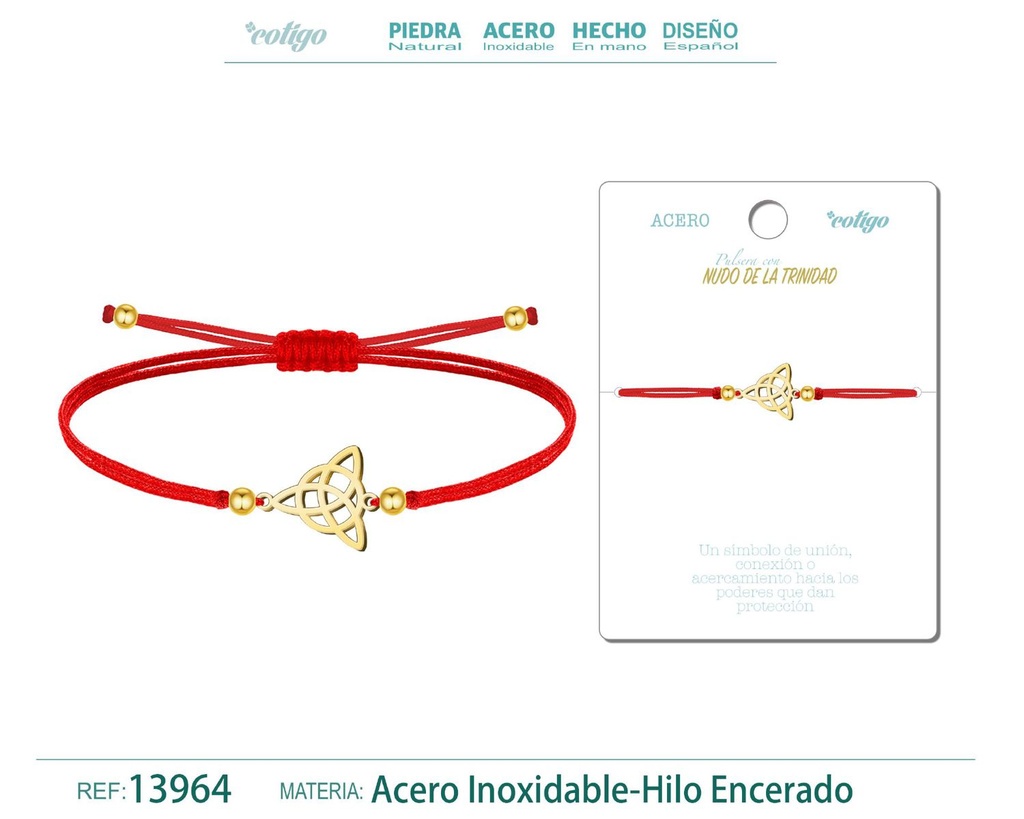 Pulsera Nudo de la Trinidad Dorada de Hilo Encerado Rojo - Pulsera Hilo Encerado