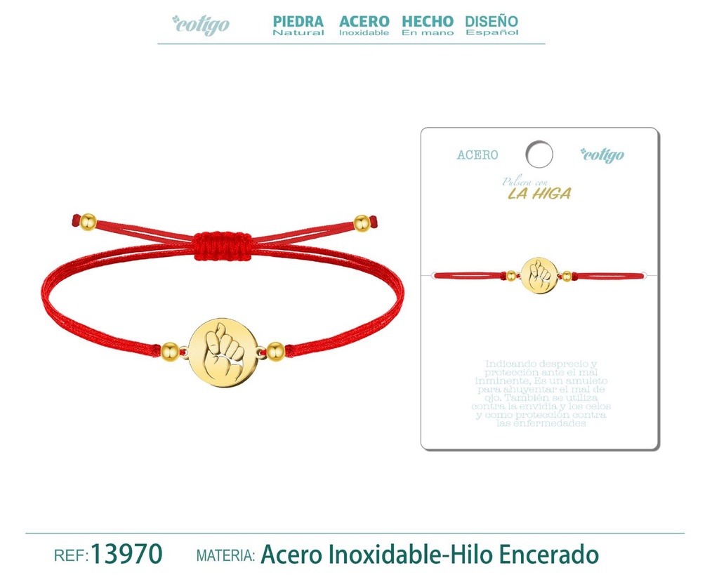 Pulsera La Higa Dorada de Hilo Encerado Rojo - Pulsera Hilo Encerado