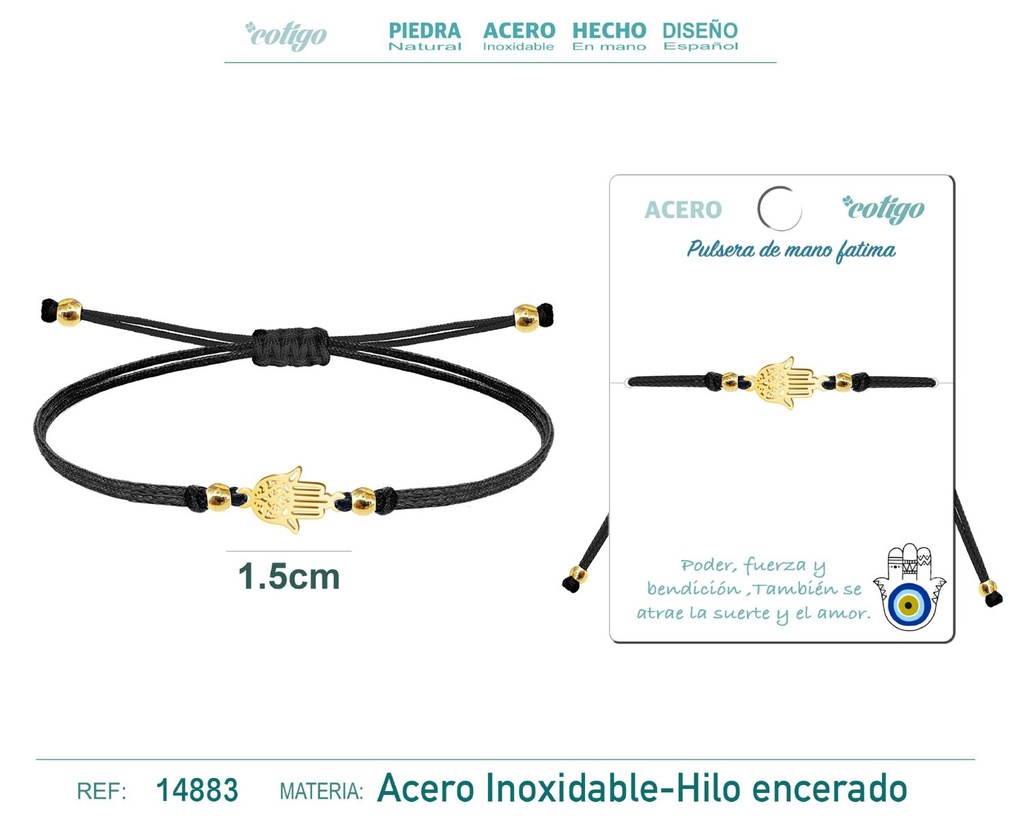 Pulsera de hilo encerado negro con mano de Fátima dorada - Joyería con significado espiritual