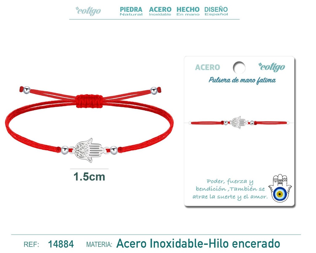 Pulsera de hilo encerado rojo con mano de Fátima plateada - Accesorios con simbolismo protector