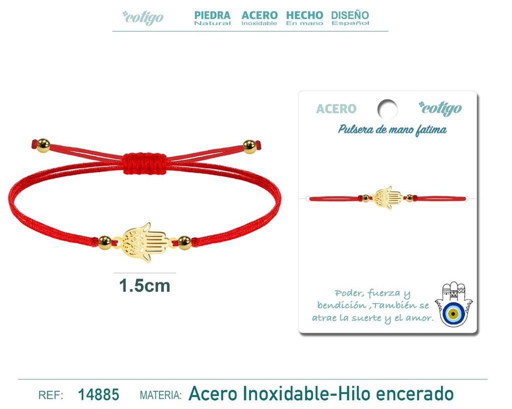 Pulsera de hilo encerado rojo con mano de Fátima dorada - Joyería de protección y estilo