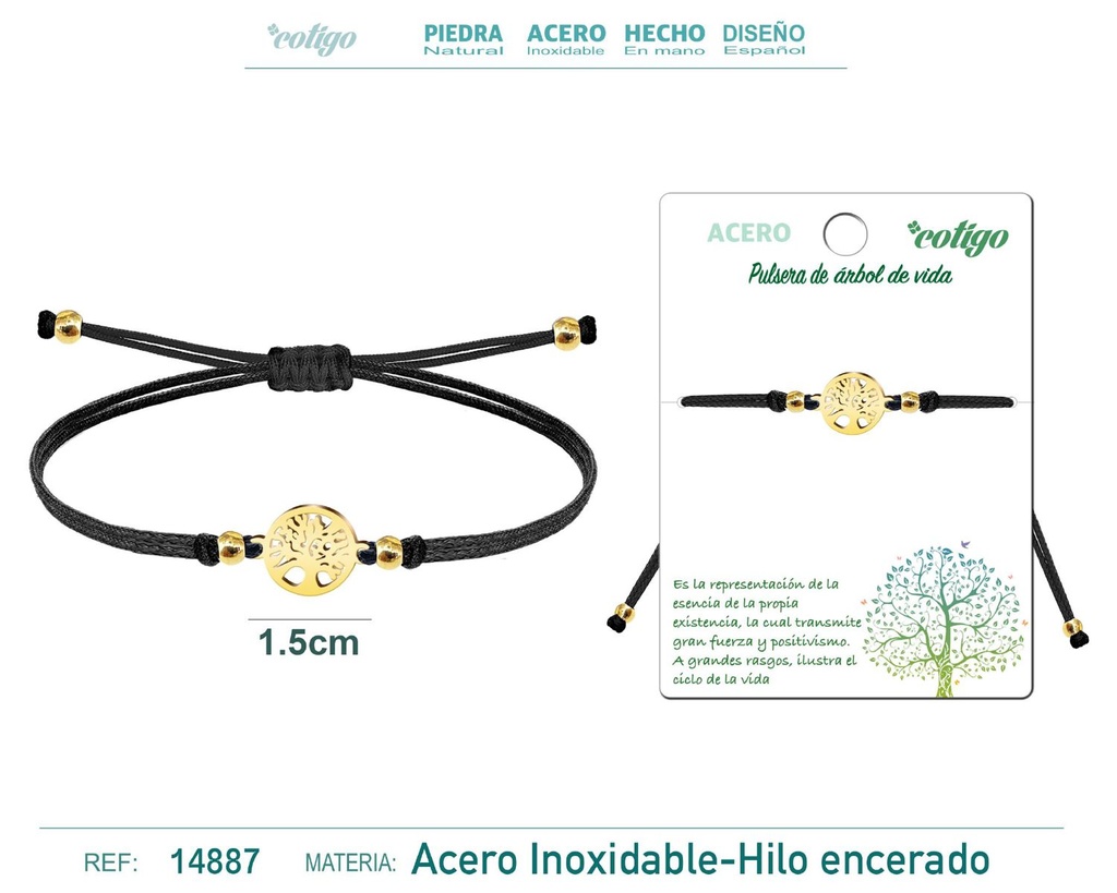 Pulsera de hilo encerado negro con árbol de vida dorado - Joyería simbólica y naturaleza