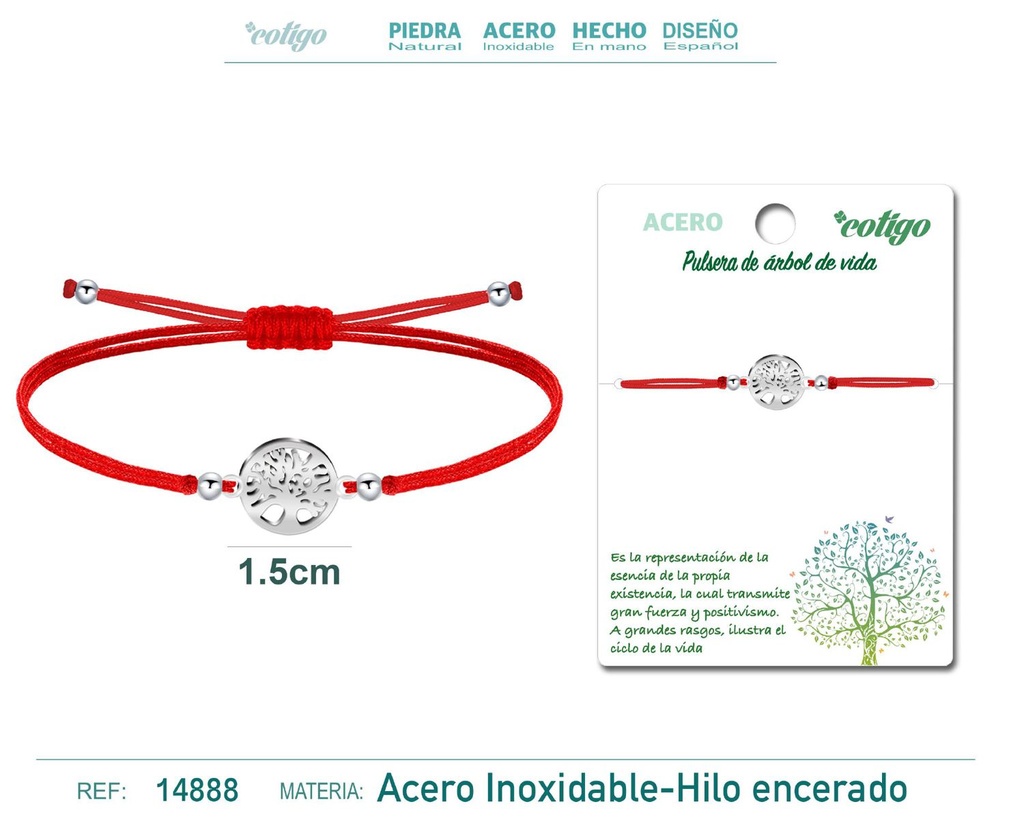 Pulsera de hilo encerado rojo con árbol de vida plateado - Accesorios con conexión espiritual